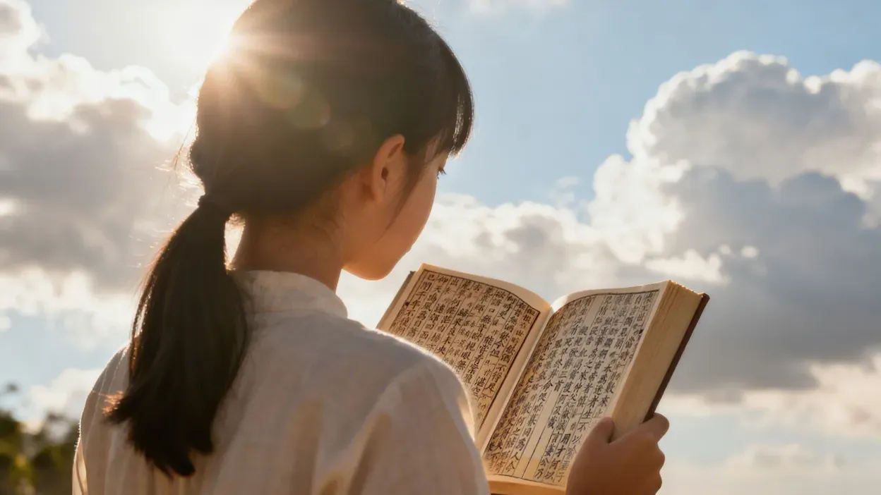 小女孩在蓝天白云下读书